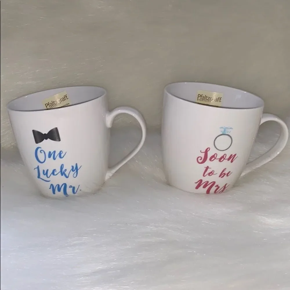 PFALTZGRAFF “SOON TO MRS” & “ONE LUCKY MR” MUG SET WEDDING ENGAGEMENT GIFT